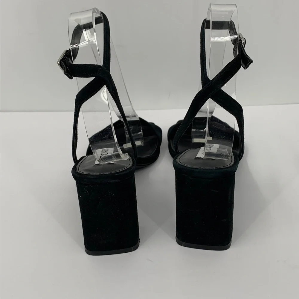 Steve Madden Luxe ankle strap black suede sandal shoe block chunky heel new 8